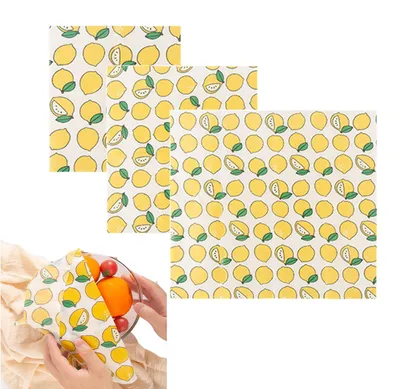 Image de Feuilles de cire d'abeille - Lot de 3, réutilisables - Pour la conservation des aliments - Citron, dimensions : 18x20 cm, 25x28 cm, 33x36 cm