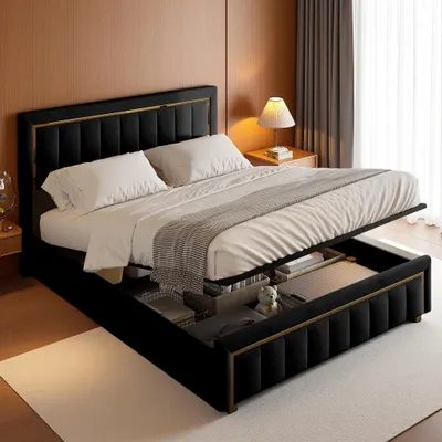 Produktbild von Bett 160x200 cm, Stauraumbett, Bettgestell mit Kopfteil, Samt, Schwarz