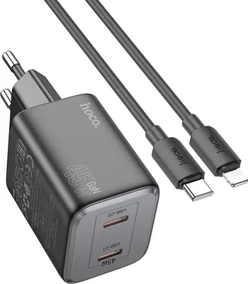 Produktbild von Hoco N42 GaN 45W + USB-C iPhone iPad iPod Kabel QC 3.0 Schnell Ladegerät Netzstecker Quick Charge Netzteil Schwarz