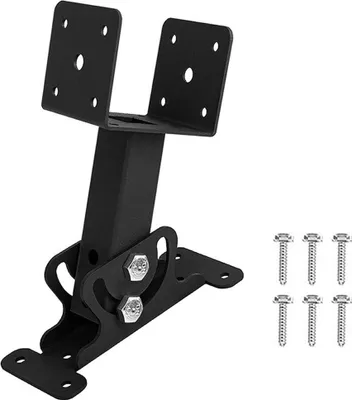 A black metal bracket and screws on a white background.