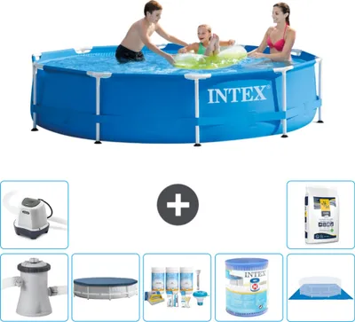 Produktbild von Intex Rundrahmen-Schwimmbecken – 305 x 76 cm – Blau – inklusive Pumpe Abdeckung - Wartungspaket - Filter - Bodenplane - Salzwassersystem - Poolsalz