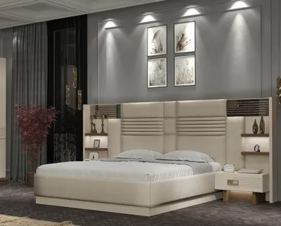 Image de Ensemble de chambre à coucher design élégant, 3 pièces, avec éclairage LED et tête de lit rembourrée
