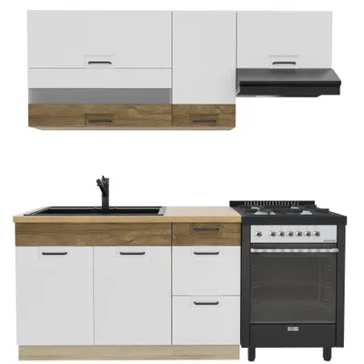 Obrázek produktu pro Kuchynská linka 180 cm – FAVORIT E – pracovní deska Lancelot dub – bílá lesklá – dub Sonoma – kuchyn pro jednoho bez spotrebicu – kovové zásuvky