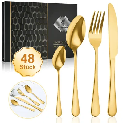 Produktbild von Besteckset Edelstahl - 48-teilig Geschenkbox - Steakmesser Gabeln Löffel - 316L hochglanzpoliert - Spülmaschinenfest - Gold