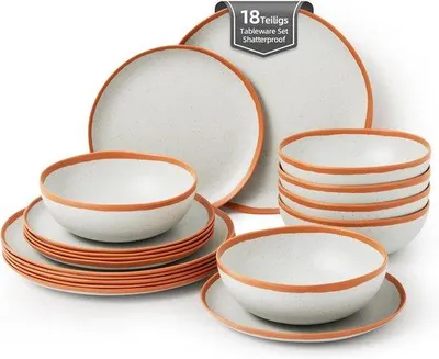 Produktbild von Camping-Servicestelle für 6 Personen, robustes Melamin-Geschirr mit Vintage-Zitrusmuster, grau mit brauner Umrandung, ideal für Camping und Picknicks