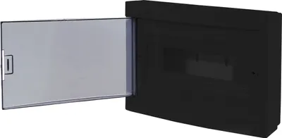 A black electrical distribution box with a transparent hinged door open to the left.