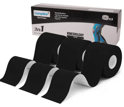 Produktbild von Kinesiotape 3 Rollen 5cm x 5m Schwarz wasserfest elastisch Physio Sporttape