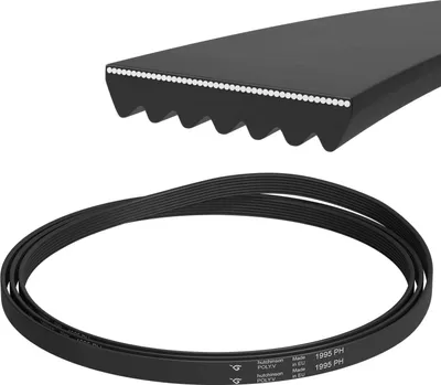 A black V-ribbed belt is shown, with a close-up of the ribbed edge and a coiled belt below.