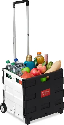 Produktbild von Relaxdays Einkaufstrolley klappbar, mit Teleskopgriff, Rollen, Transporttrolley bis 35 kg, 50 Liter Kiste, schwarz/grau