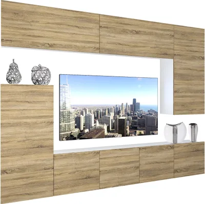 Immagine prodotto di BELINI Set di pareti attrezzate per il soggiorno Parete attrezzata moderna con illuminazione a LED Bianco lucido Parete attrezzata mobile TV Rovere Sonoma opaco