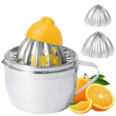 Productafbeelding van Citruspers - Roestvrij staal 18/8 - Handmatige citrus- en sinaasappelpers met 2 perskoppen en een doseerbeker