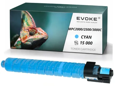 Obrázok produktu pre Kompatibilná tonerkartuša Evoke pre tlačiarne Ricoh MPC-2000, 2500, 3000C, s číslami modelov 888643, 884949, 842033, farba: azúrová, výtlačnosť: 15 000 strán, kompatibilná s modelmi Aficio MP C2000, C2500, C3000