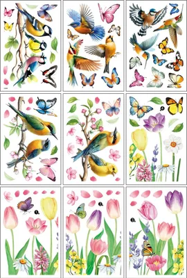 Produktbild von 9er-Set Fensteraufkleber Tulpen, Schmetterlinge, Blumen und Kolibris, schützt Fenster vor Vogelkollisionen, für Zuhause oder Veranstaltungen