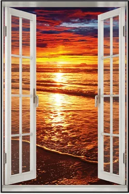 Produktbild von Wallario Wandbild mit Fenster-Illusion: Farbenfroher Sonnenuntergang über dem Meer II, Größe: 61 x 91,5 cm, Poster mit schwarzem Aluminiumrahmen