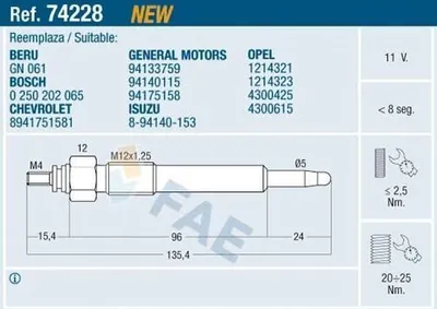 Produktbild von FAE 74228 Diesel Glühkerze für OPEL Frontera A SUV (U92) M12x1,25