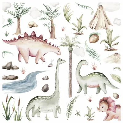Immagine prodotto di Set di adesivi murali per bambini, tema DINOSAURI E PIANTE, dimensioni 60x30 cm, stile boho
