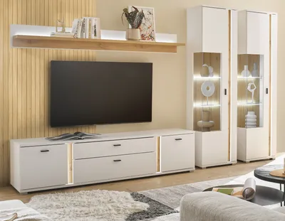 Produktbild von Wohnwand "Bellport" weiß und Eiche, Wohnkombination 330 cm mit LED und Soft-Close