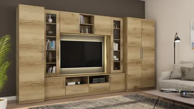 A living room with a large entertainment unit featuring a TV, shelves, and cabinets, along with a sofa and coffee table.