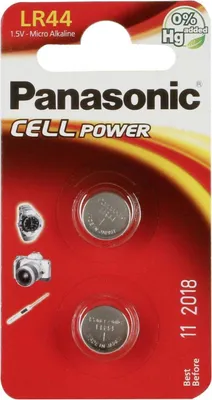 A blister pack of Panasonic LR44 button cell batteries.