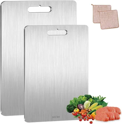 Produktbild von Schneidebrett Edelstahl S304, 2 Stück, 34 x 23 cm, antibakteriell, für Fleisch und Gemüse