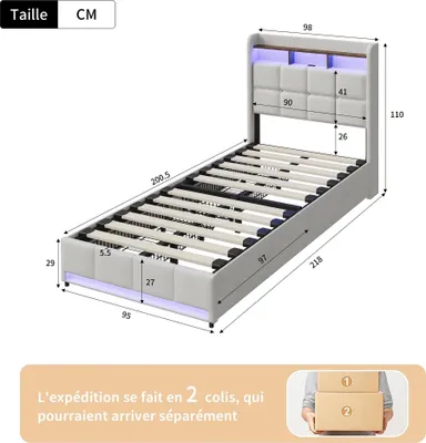 Produktbild von Stauraumbett - Bettgestell 140x190 cm - 4 Schubladen - LED-Beleuchtung - USB-Ladestation - Gepolstertes Kopfteil - Holzrahmen - Beige