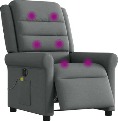 A dark gray fabric massage recliner is shown against a white background. Purple circles indicate massage points on the chair.