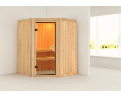 Produktbild von Plug & Play Sauna Karibu Kanja ohne Ofen und Dachkranz mit bronzierter Ganzglastüre