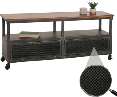 Zdjęcie produktu dla Lowboard HWC-N28, regał TV, kółka 2 przegrody, struktura 3D industrial retro metal drewno 55x130x36cm ~ czarny, brązowy