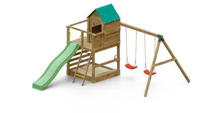 Produktbild von Fungoo Spielturm "Jarcas 4" KDI mit Doppelschaukel, Rutsche, Sandkasten, Holzdach und Leiter