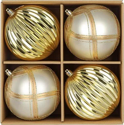 Imagen del producto de Juego de 4 grandes adornos navideños esféricos de 12 cm. Esferas decorativas brillantes con lazos para colgar y un juego de ganchos, ideales para un árbol de Navidad festivo
