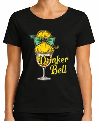 Imagen del producto de Camiseta para mujer, color negro, talla S, con diseño de copa de vino, texto "Drinker Bell", y motivos relacionados con el carnaval y las fiestas