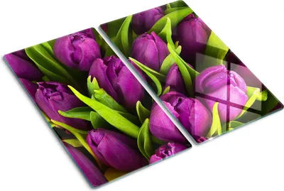 Obrázok produktu pre Sklenená ochranná doska – Kryt varnej dosky – Kryt na indukčnú dosku – 2x30x52 cm – Rýchle čistenie – Tvrdené sklo – Fialové tulipány