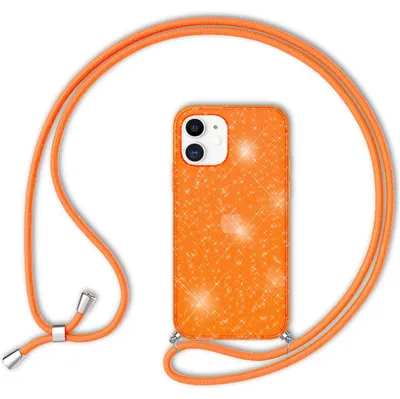 Zdjęcie produktu dla Etui NALIA Glitter Case z łańcuszkiem do iPhone'a 12 mini, etui z brokatem, pomarańczowy brokat