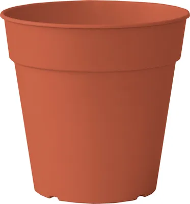A terracotta-colored plant pot is shown against a white background.