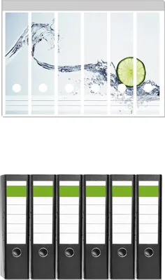 Produktbild von Wallario 6 Stück breite Ordner inkl. Klebeetiketten mit Motive Limettenscheibe in spritzigem Wasser -  Set mit Rückenschildern / Ordnerrücken Stickern