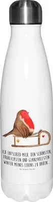 Produktbild von Mr. & Mrs. Panda Thermosflasche Rotkehlchen Schlitten - Weiß - Geschenk, Wasserflasche, Nikolaus, Trinkflasche, thermo, Vogel, Weihnachten, Thermos, trinkflaschen