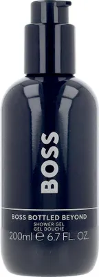 A dark blue bottle of BOSS BOTTLED BEYOND shower gel with a pump dispenser.
