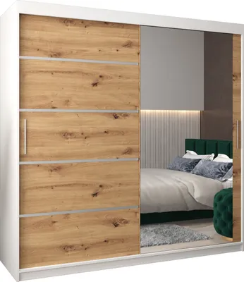 A sliding door wardrobe with a wood and silver finish, reflecting a bedroom scene.