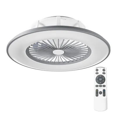 A flush mount ceiling fan with an integrated LED light and a remote control.