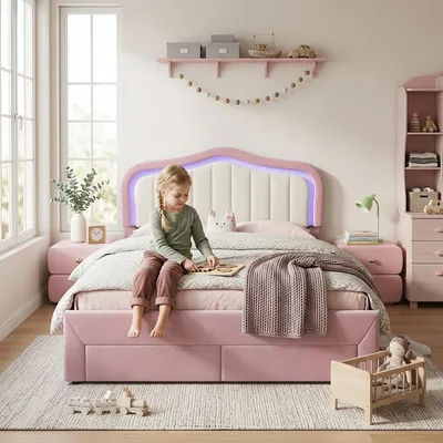 Produktbild von Kinder-Polsterbett 140x200, 2 Schubladen Fußende, Rückenlehne, App-LED