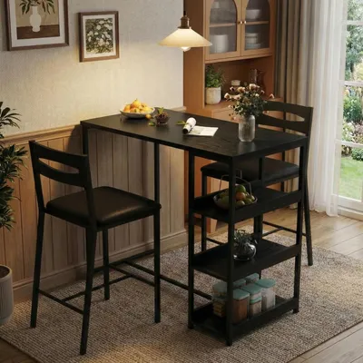 Immagine prodotto di Set tavolo da pranzo per 2 persone con 3 ripiani portaoggetti, 2 sedie imbottite, colore nero