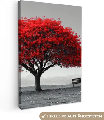 Produktbild von Leinwand Bilder 80x120 cm - Lebensbaum - Rot - Natur - Schwarz-Weiß, Bilder, Wanddeko Wohnzimmer
