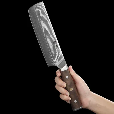 Produktbild von Hickory Damast Nakiri Messer I 18 cm Gemüsemesser aus 67 Lagen Damaststahl mit VG10 Kern I Walnussholzgriff I inkl. Geschenkbox