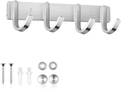 Imagen del producto de Perchero de pared Ibzoa® de acero inoxidable – 4 ganchos robustos, 280x30 mm (2,5 mm), capacidad de hasta 30 kg, distancia entre ganchos de 73 mm, color plateado, incluye kit de montaje para baño, pasillo o cocina