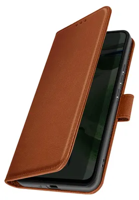 A brown leather-look phone case is shown open, revealing the phone screen inside.