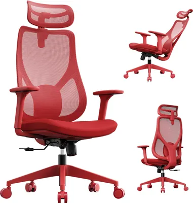 Obrázek produktu pro SENSE7 Moyo Ergonomická kancelářská židle, červená, 3D područky, síťované opěradlo, bederní opěrka, manažerská židle, židle k počítači, pro domácí kancelář, nosnost 150 kg