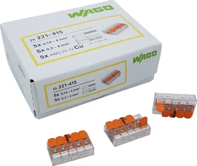 Produktbild von 25 Stück Wago 221-415 Verbindungsklemme 5 Leiter mit Betätigungshebel 0,2-4 qmm kleine Bauform, transparent
