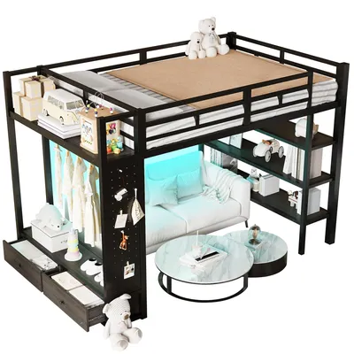 Produktbild von Hochbett mit RGB LED-Streifen, Kleiderstange, Lattenrost, Trittleiter, Regal, Wandgitter und Schubladen, 140x200 cm, Kinderbett, Metallbett