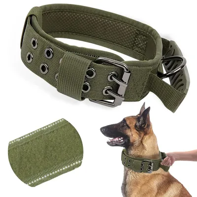 Produktbild von Taktisches Hundehalsband mit Kontrollgriff, gepolstert, verstellbar, reflektierend, für mittlere bis große Hunde, Armeegrün