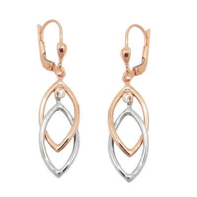Immagine prodotto di Orecchini pendenti con montatura a retro a leva, dimensioni 43x10 mm, due ovali bicolore in oro bianco 9k e oro rosa
